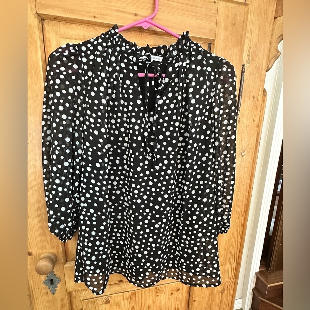 Notations Blouse Black & White Polka Dots Sheer Overlay Romantic Soft Size Med